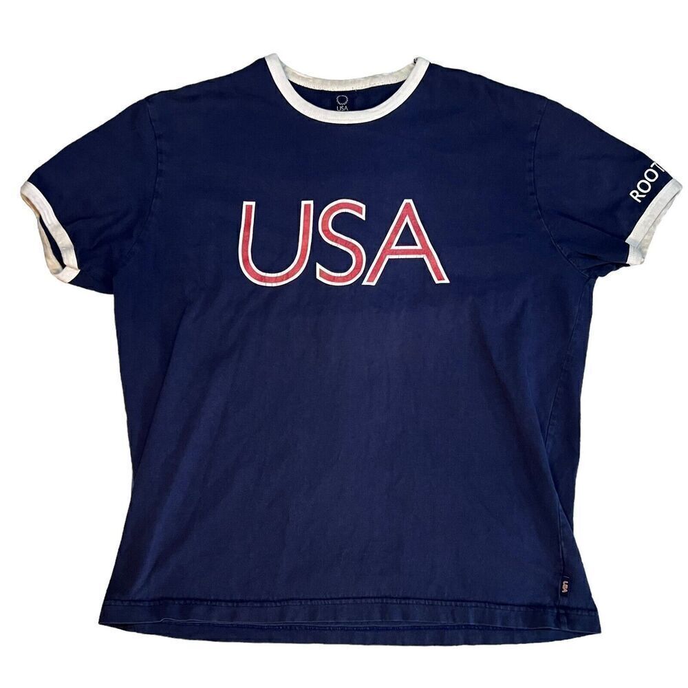 2004 Roots USA Olympics T-Shirt Size XL Navy USA Spellout Short Sleeve Shirt